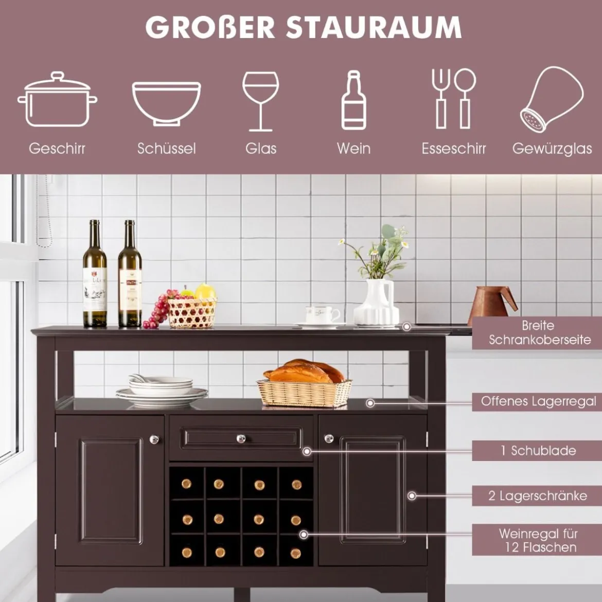 Modernes Esszimmerbuffet mit Kreuzförmigem Weinregal Offenem Regal 2 Schränken & Schublade Braun