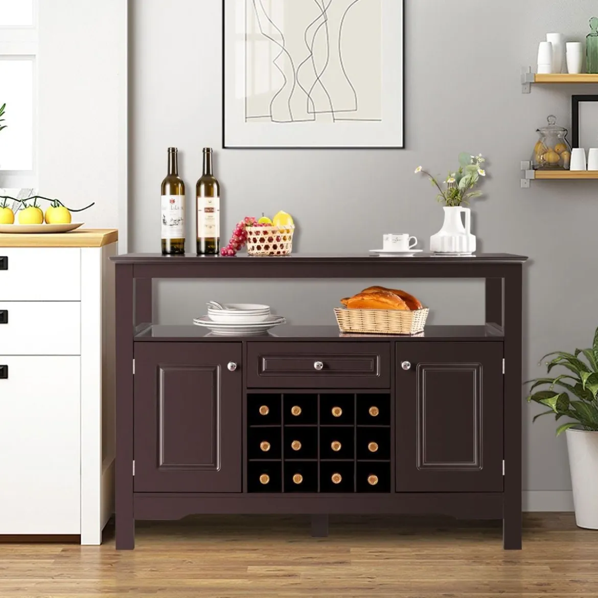 Modernes Esszimmerbuffet mit Kreuzförmigem Weinregal Offenem Regal 2 Schränken & Schublade Braun