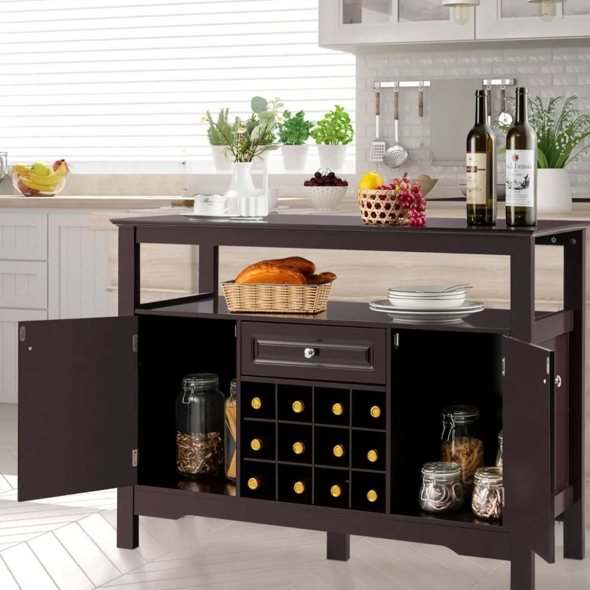 Modernes Esszimmerbuffet mit Kreuzförmigem Weinregal Offenem Regal 2 Schränken & Schublade Braun