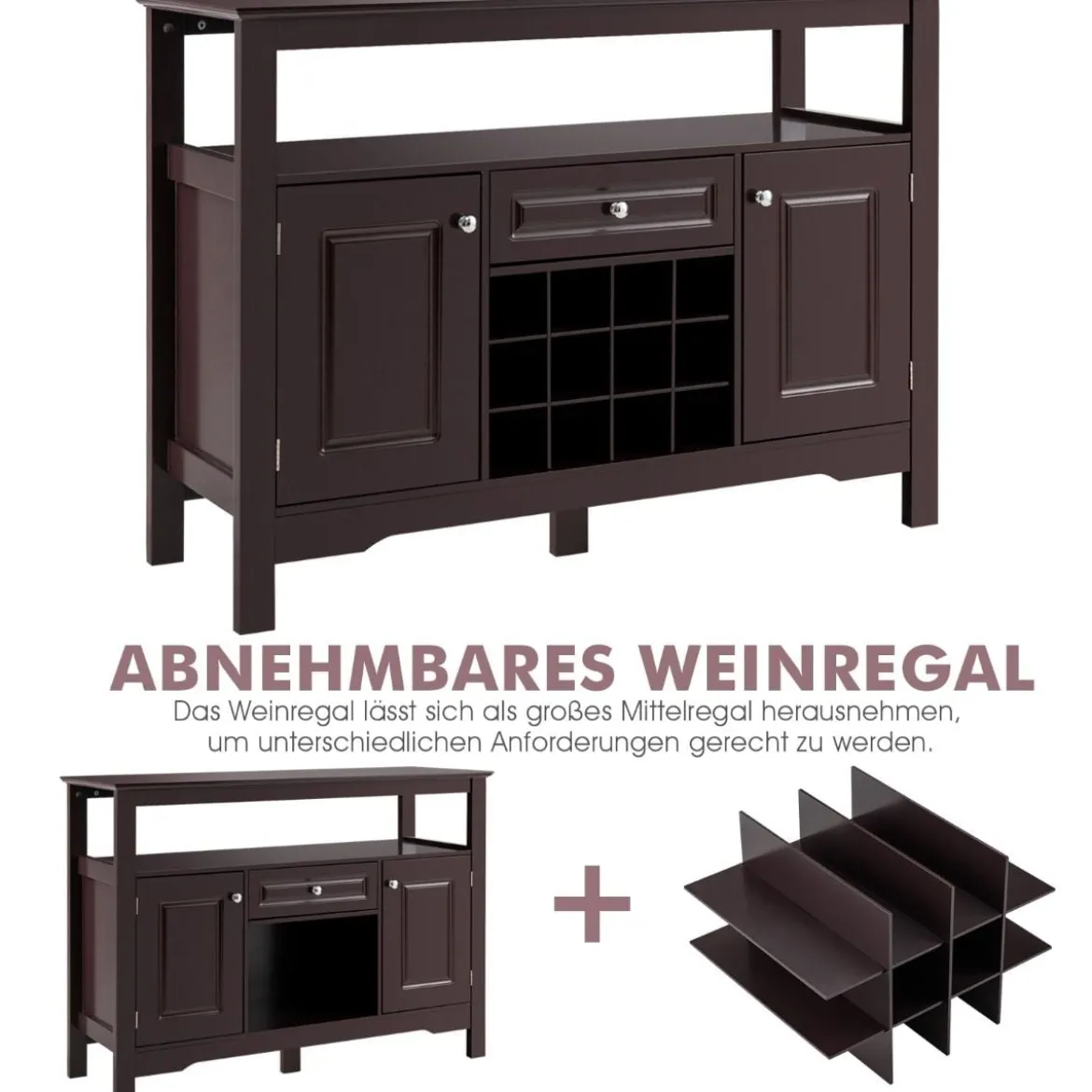 Modernes Esszimmerbuffet mit Kreuzförmigem Weinregal Offenem Regal 2 Schränken & Schublade Braun