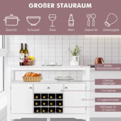 Modernes Esszimmerbuffet mit Kreuzförmigem Weinregal Offenem Regal 2 Schränken & Schublade Weiß