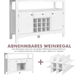 Modernes Esszimmerbuffet mit Kreuzförmigem Weinregal Offenem Regal 2 Schränken & Schublade Weiß
