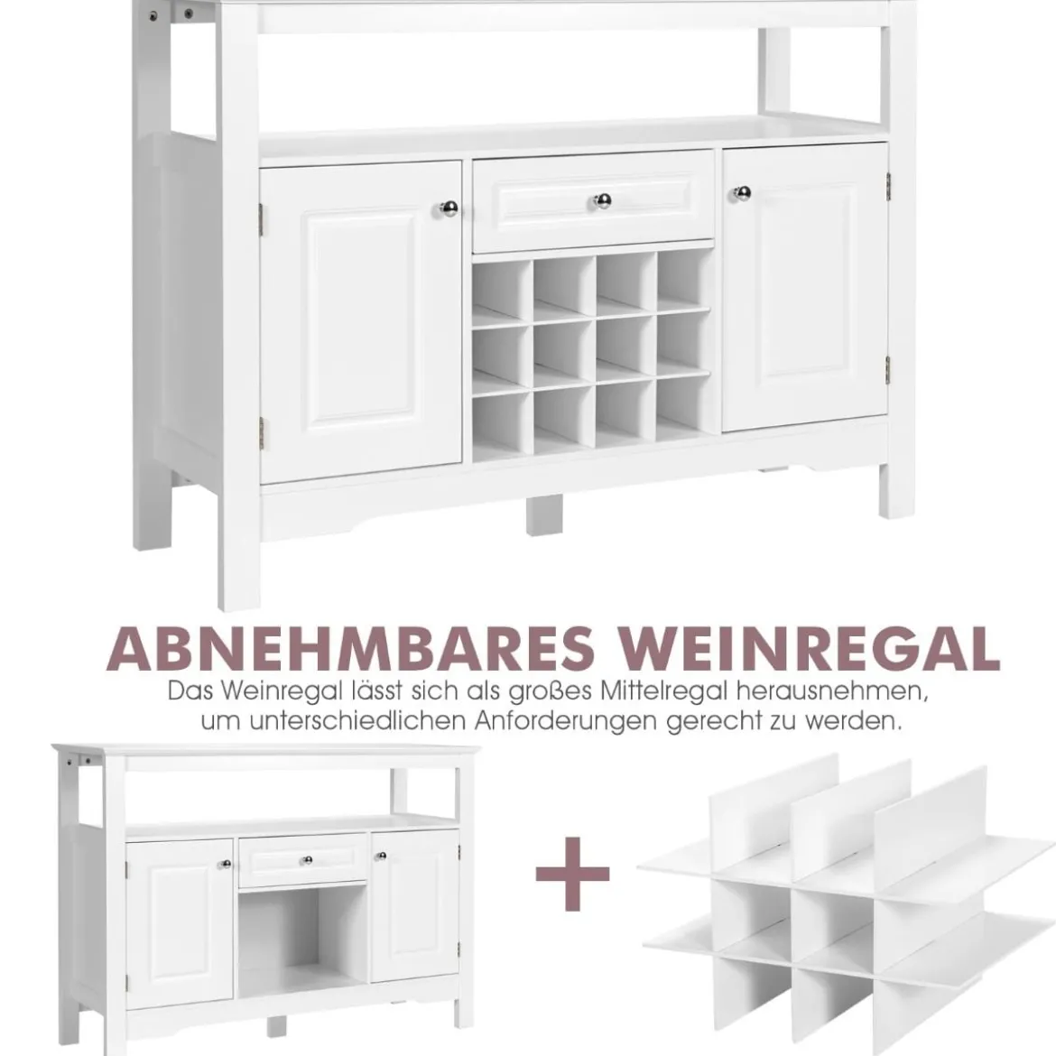 Modernes Esszimmerbuffet mit Kreuzförmigem Weinregal Offenem Regal 2 Schränken & Schublade Weiß