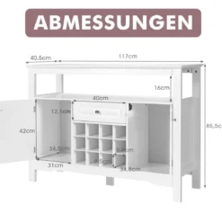 Modernes Esszimmerbuffet mit Kreuzförmigem Weinregal Offenem Regal 2 Schränken & Schublade Weiß