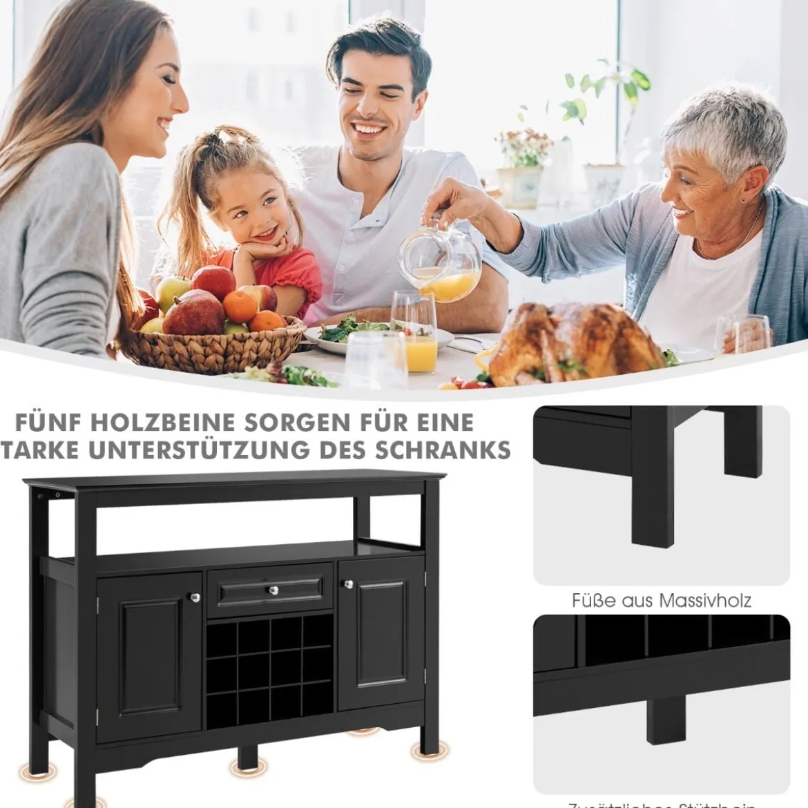 Modernes Esszimmerbuffet mit Weinregal und Schränken & Schublade 117 x 40,5 x 82,5 cm Schwarz