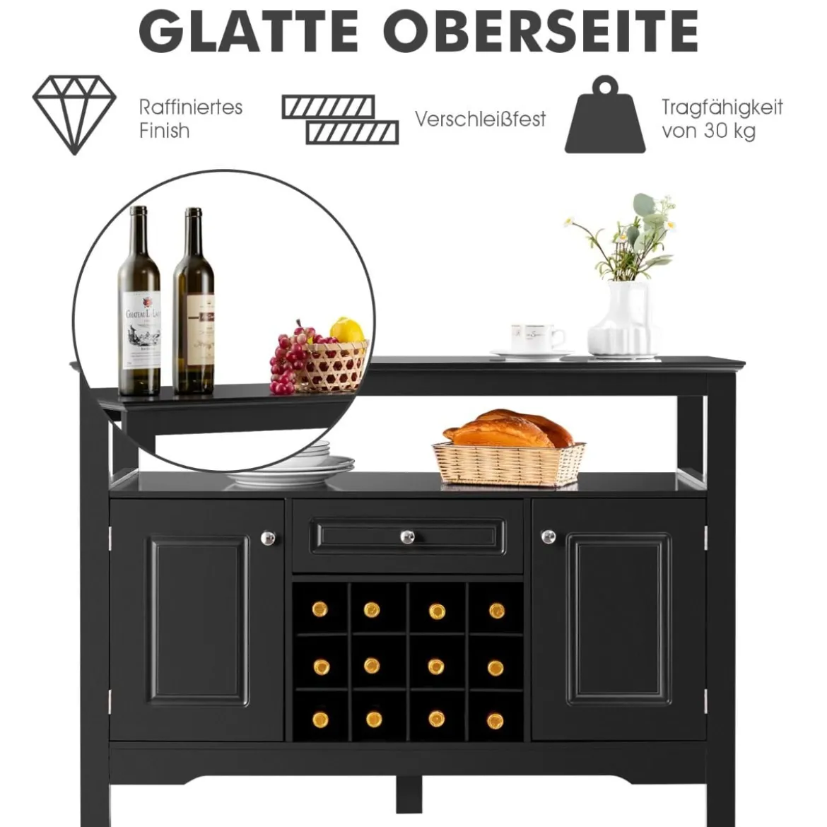Modernes Esszimmerbuffet mit Weinregal und Schränken & Schublade 117 x 40,5 x 82,5 cm Schwarz