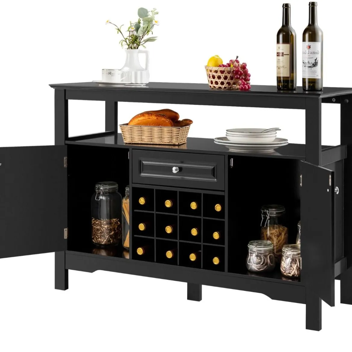 Modernes Esszimmerbuffet mit Weinregal und Schränken & Schublade 117 x 40,5 x 82,5 cm Schwarz