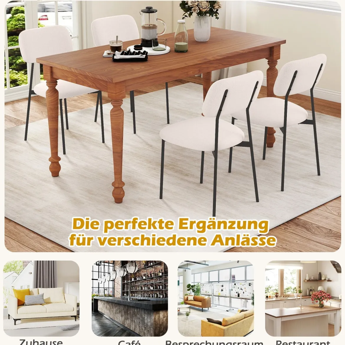 Modernes Esszimmerstuhl-Set 4er Set Küchenstühle aus Leinenstoff mit Metallbeinen Sitz Beige
