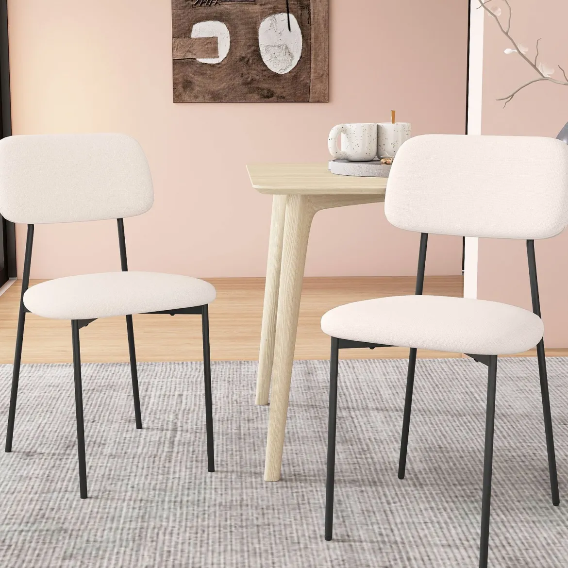Modernes Esszimmerstuhl-Set 4er Set Küchenstühle aus Leinenstoff mit Metallbeinen Sitz Beige