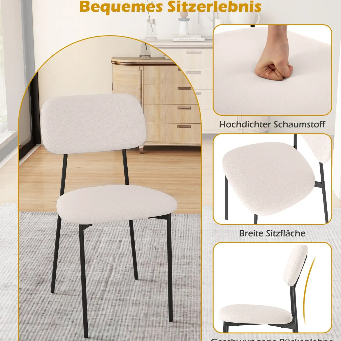Modernes Esszimmerstuhl-Set 4er Set Küchenstühle aus Leinenstoff mit Metallbeinen Sitz Beige