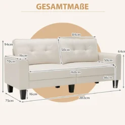 Modernes Sofa für 2-3 Personen mit 2 Abnehmbaren Rückenkissen 202 x 75 x 94 cm Beige