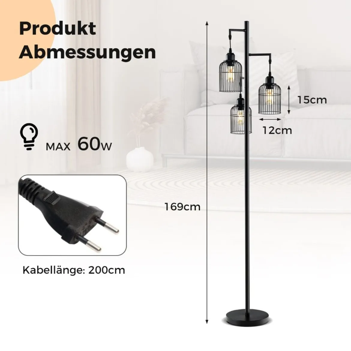 Moderne Stehlampe 169 cm industrielle Standleuchte mit 3 Lampenschirmen Fußschalter 25 x 169 cm Schwarz