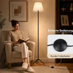 Moderne Stehlampe mit Stoffschirm E 27 Stehleuchte mit Dreifuß-metallgestell & Fußschalter