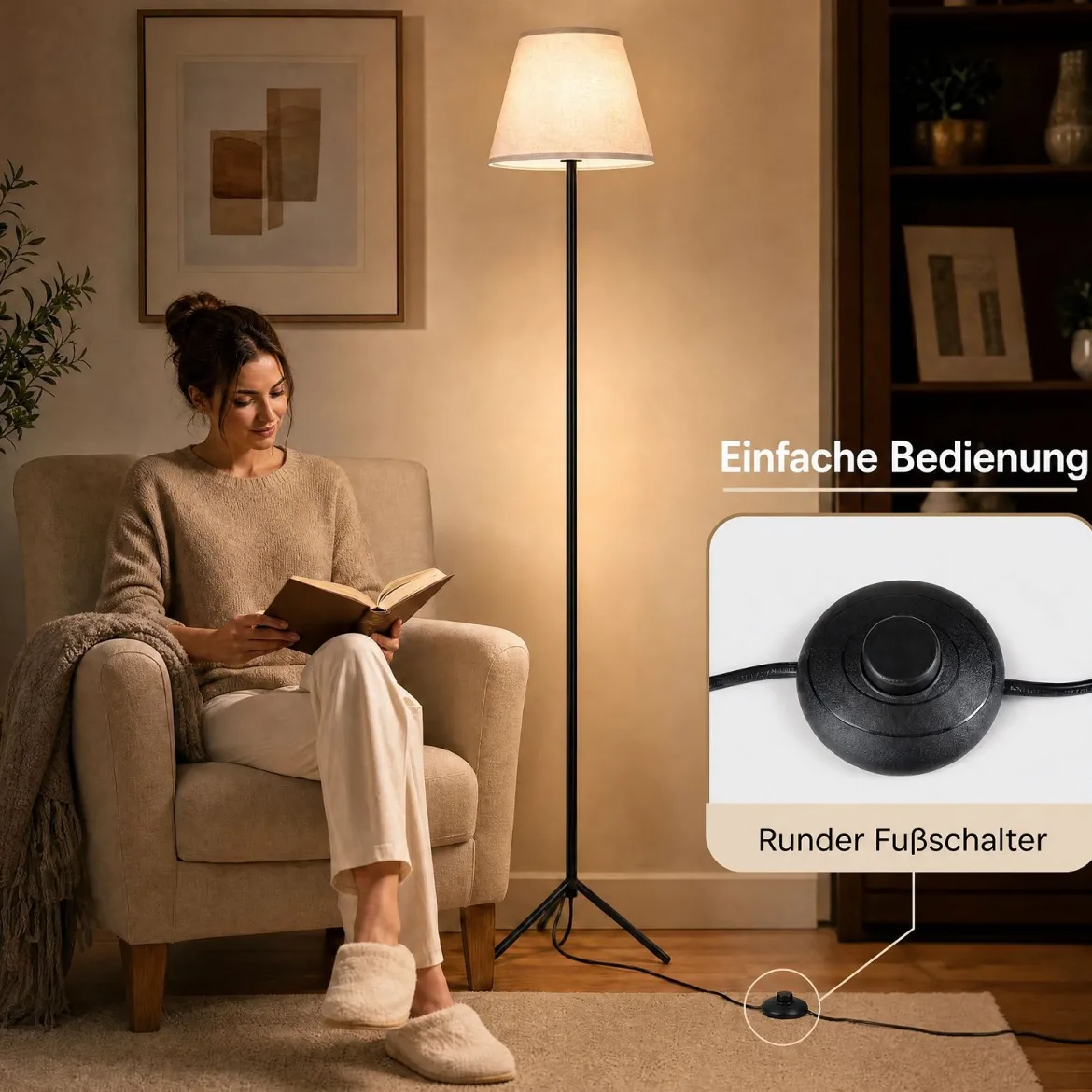 Moderne Stehlampe mit Stoffschirm E 27 Stehleuchte mit Dreifuß-metallgestell & Fußschalter