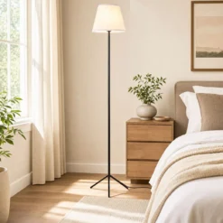 Moderne Stehlampe mit Stoffschirm E 27 Stehleuchte mit Dreifuß-metallgestell & Fußschalter