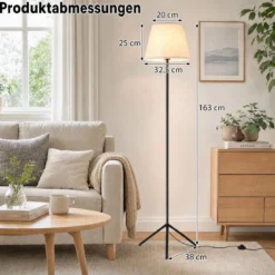 Moderne Stehlampe mit Stoffschirm E 27 Stehleuchte mit Dreifuß-metallgestell & Fußschalter