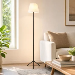Moderne Stehlampe mit Stoffschirm E 27 Stehleuchte mit Dreifuß-metallgestell & Fußschalter