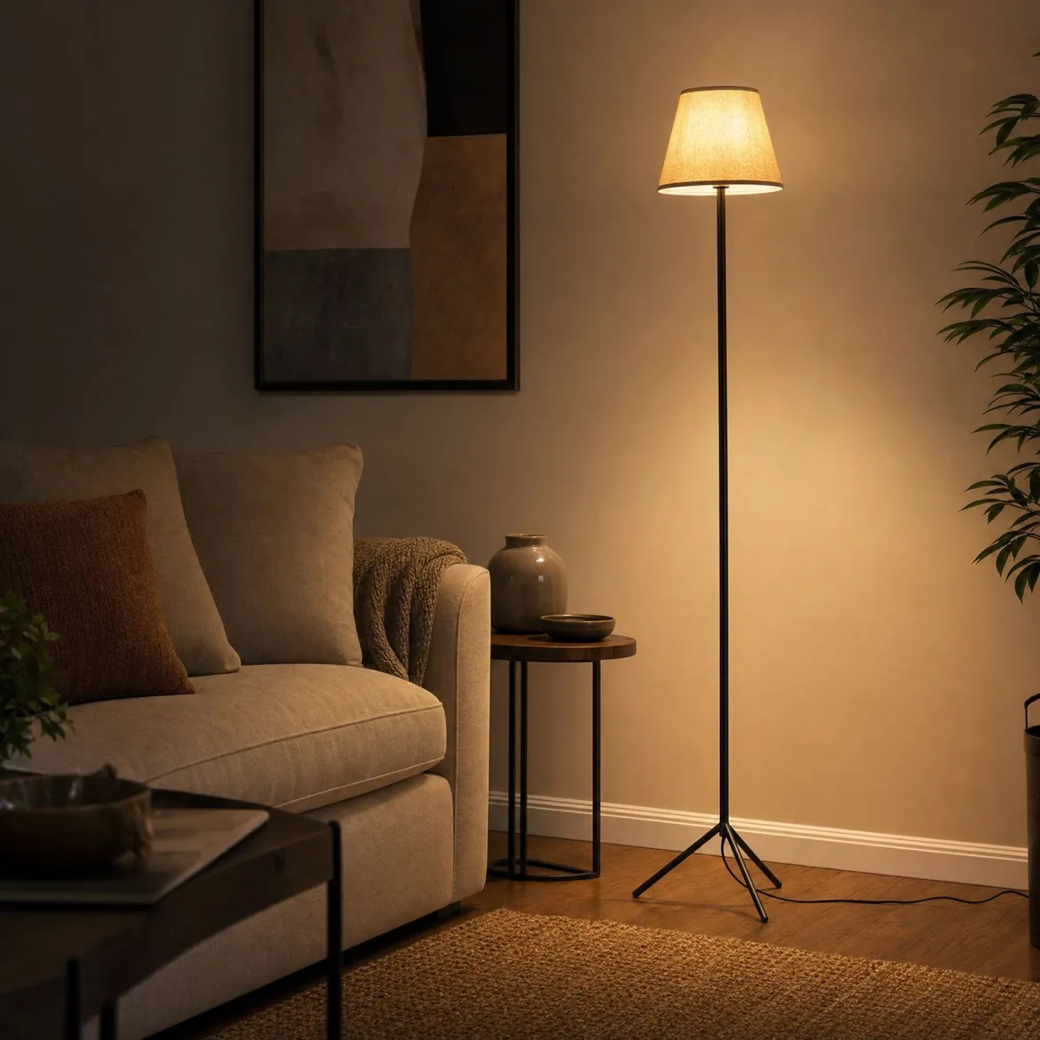 Moderne Stehlampe mit Stoffschirm E 27 Stehleuchte mit Dreifuß-metallgestell & Fußschalter