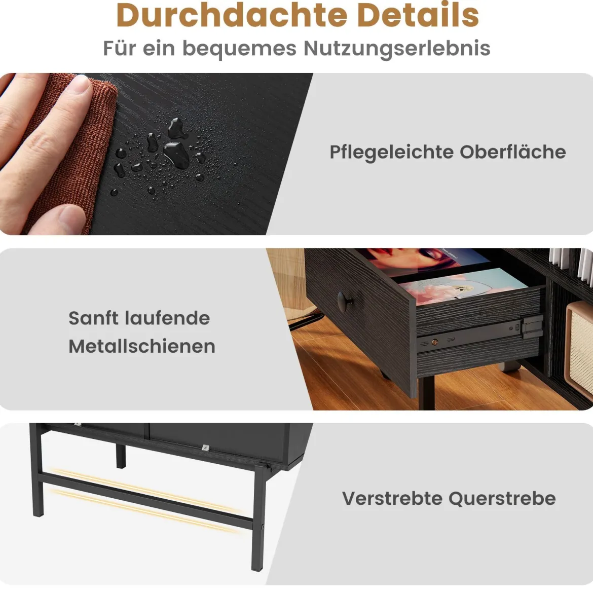 Modern Plattenspieler Ständer Vinylschrank mit Albumhaltern & Schublade Beistellschrank Schwarz