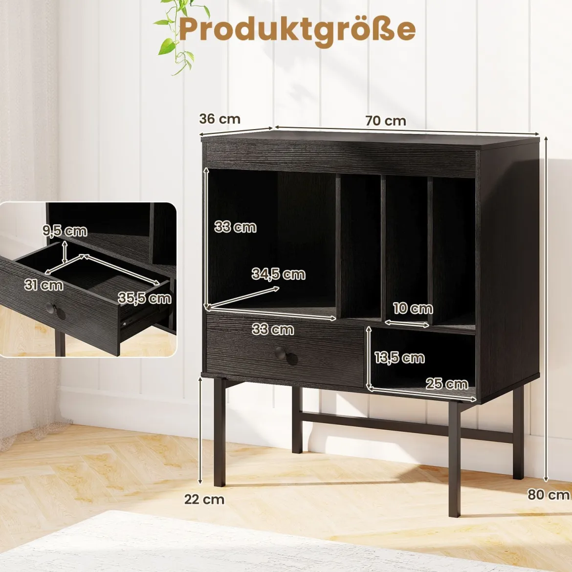 Modern Plattenspieler Ständer Vinylschrank mit Albumhaltern & Schublade Beistellschrank Schwarz