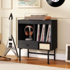 Modern Plattenspieler Ständer Vinylschrank mit Albumhaltern & Schublade Beistellschrank Schwarz