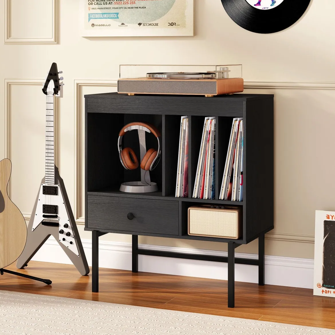 Modern Plattenspieler Ständer Vinylschrank mit Albumhaltern & Schublade Beistellschrank Schwarz