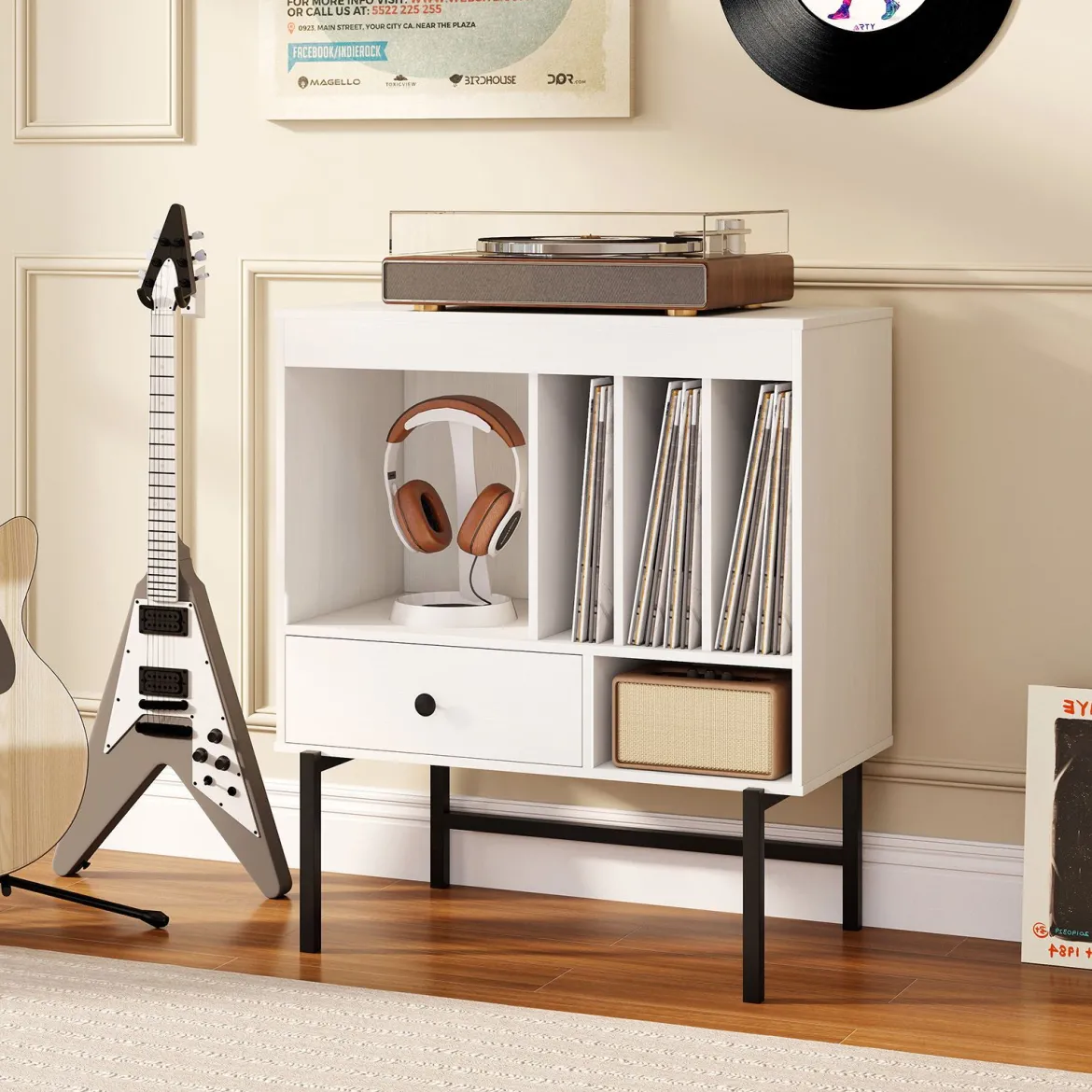 Modern Plattenspieler Ständer Vinylschrank mit Albumhaltern & Schublade Beistellschrank Weiß