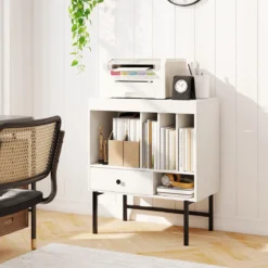 Modern Plattenspieler Ständer Vinylschrank mit Albumhaltern & Schublade Beistellschrank Weiß