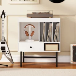 Modern Plattenspieler Ständer Vinylschrank mit Albumhaltern & Schublade Beistellschrank Weiß