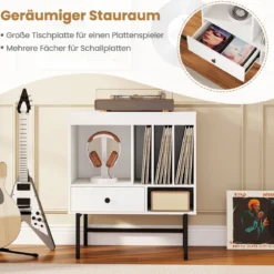 Modern Plattenspieler Ständer Vinylschrank mit Albumhaltern & Schublade Beistellschrank Weiß