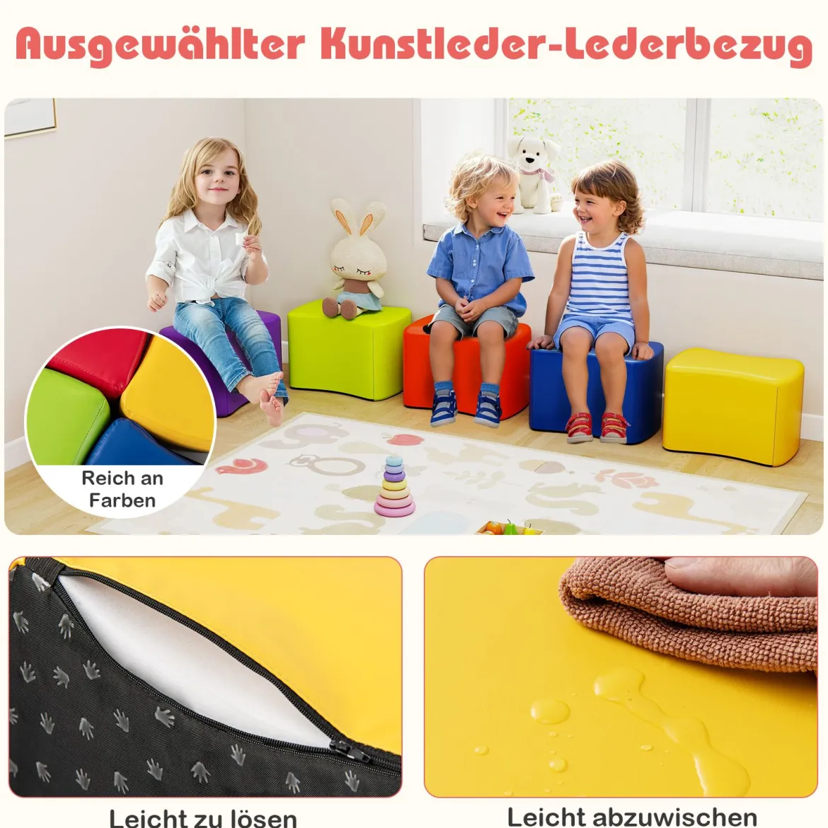 Modulare Hocker für Kinder 6 Schmetterlingshocker mit abnehmbarem Bezug aus Kunstleder Bunt