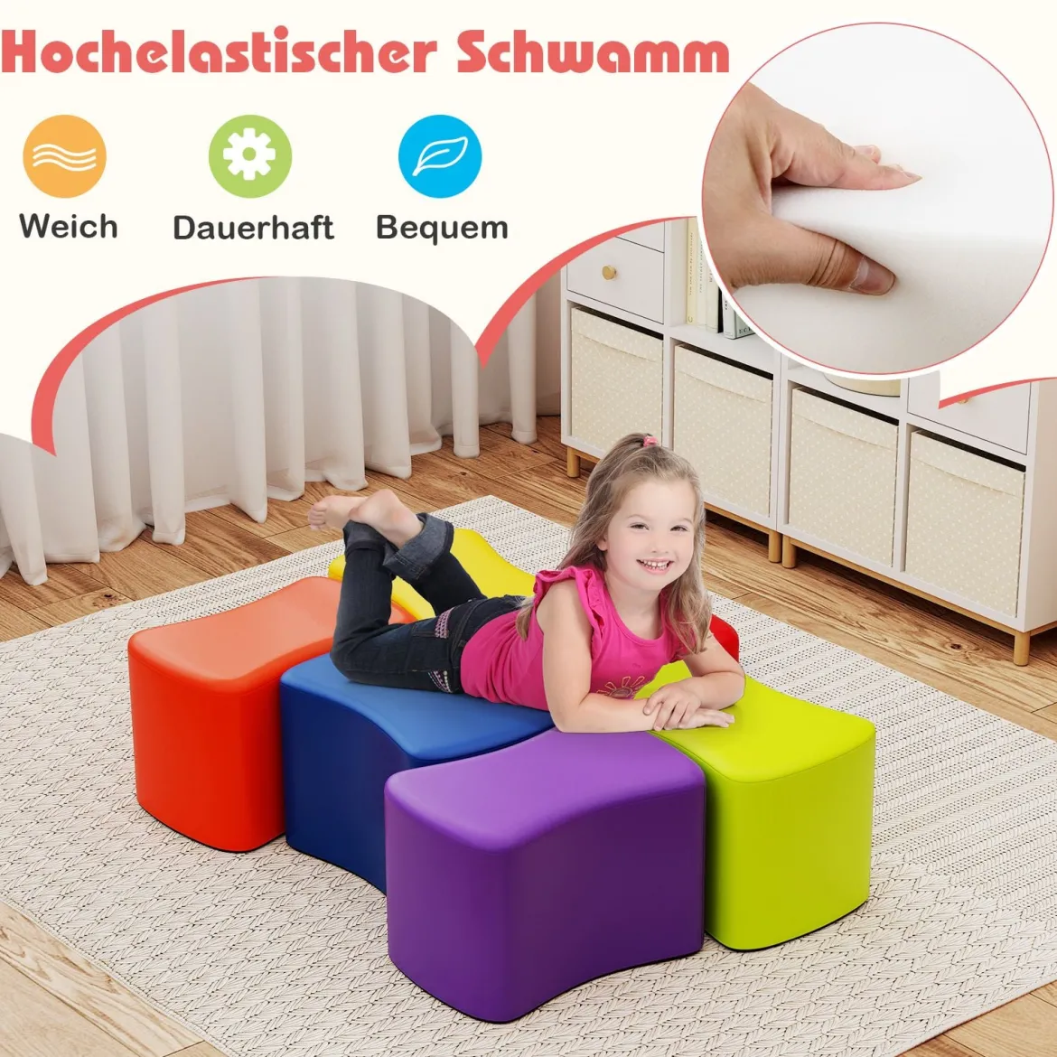 Modulare Hocker für Kinder 6 Schmetterlingshocker mit abnehmbarem Bezug aus Kunstleder Bunt
