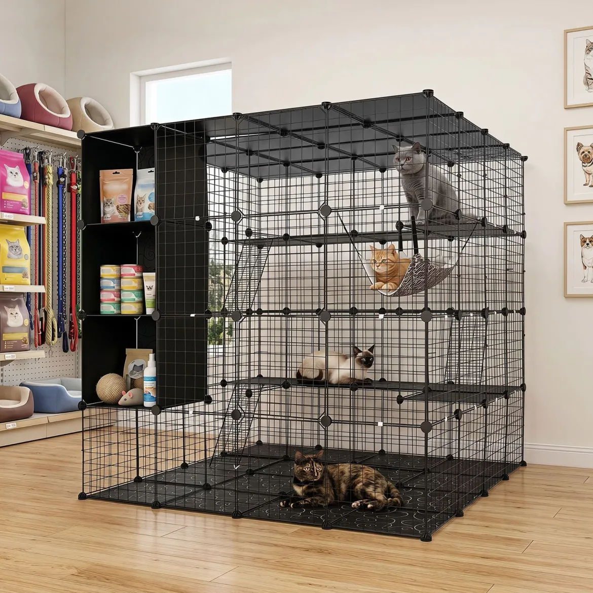 Modularer Katzenkäfig Faltbares Katzengehege mit Laufstall 144 x 144 x 142 cm Schwarz