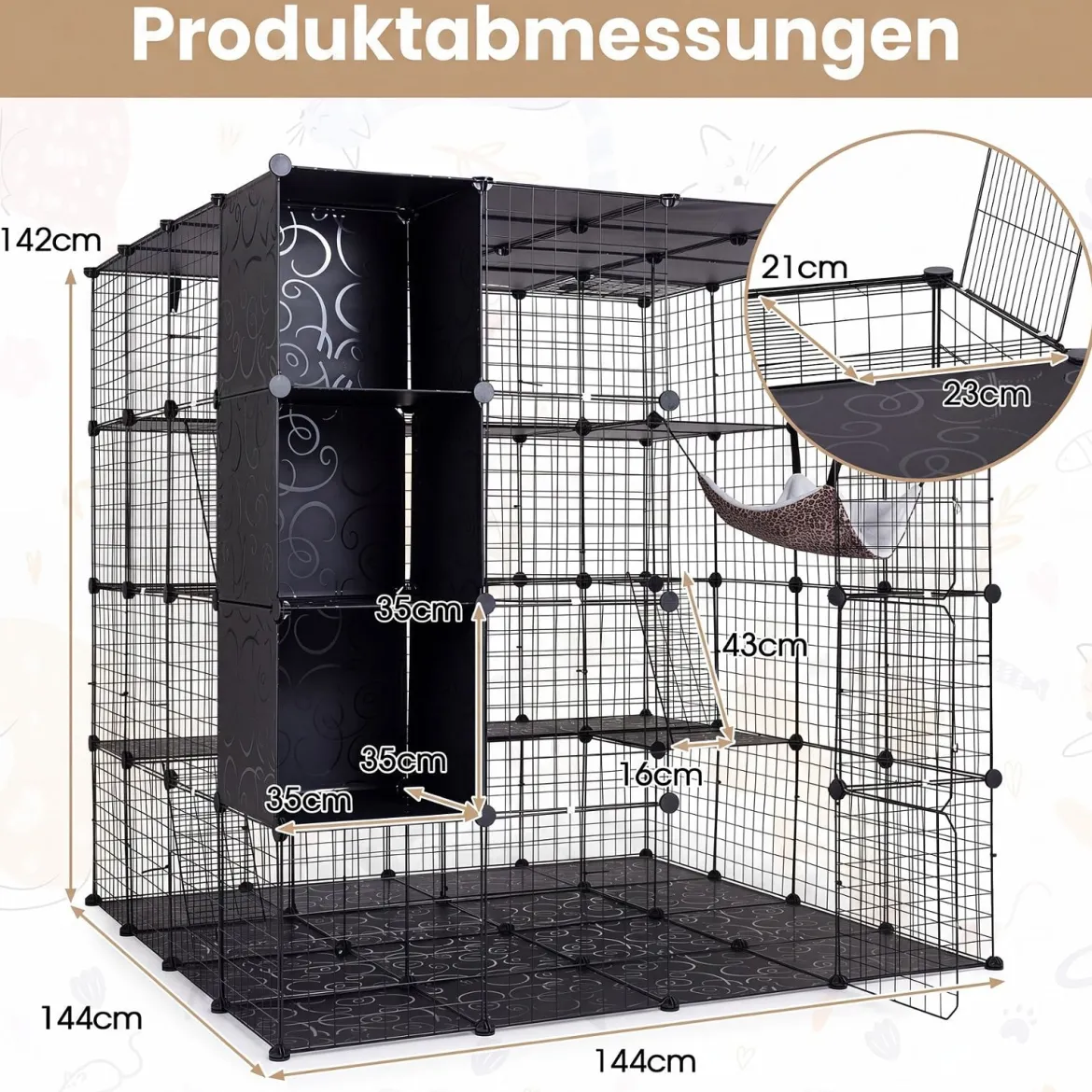 Modularer Katzenkäfig Faltbares Katzengehege mit Laufstall 144 x 144 x 142 cm Schwarz
