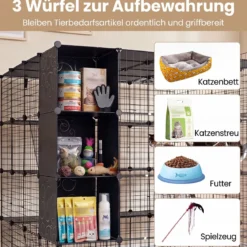 Modularer Katzenkäfig Faltbares Katzengehege mit Laufstall 144 x 144 x 142 cm Schwarz