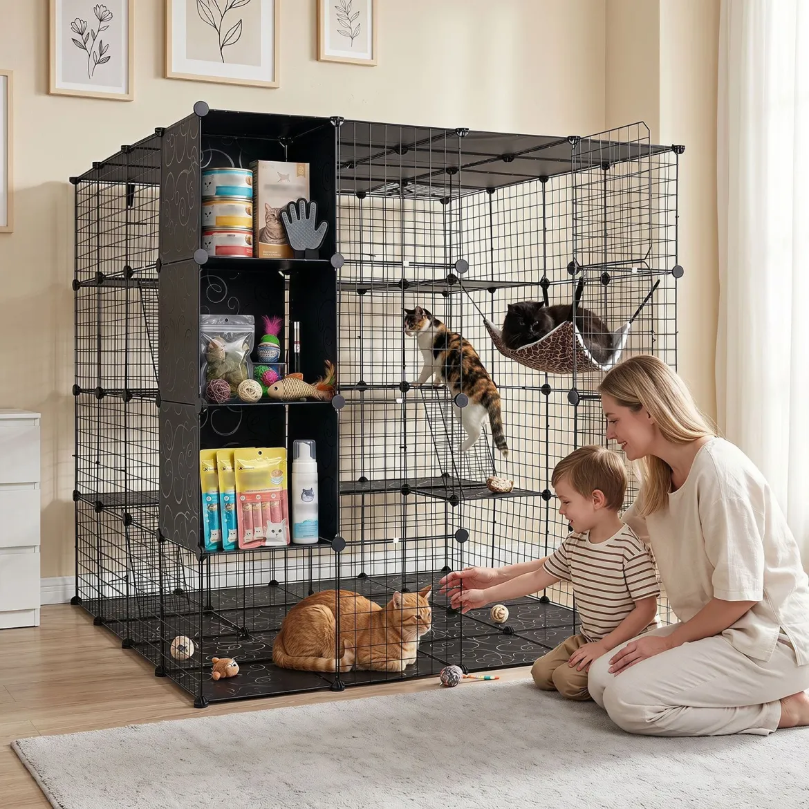 Modularer Katzenkäfig Faltbares Katzengehege mit Laufstall 144 x 144 x 142 cm Schwarz