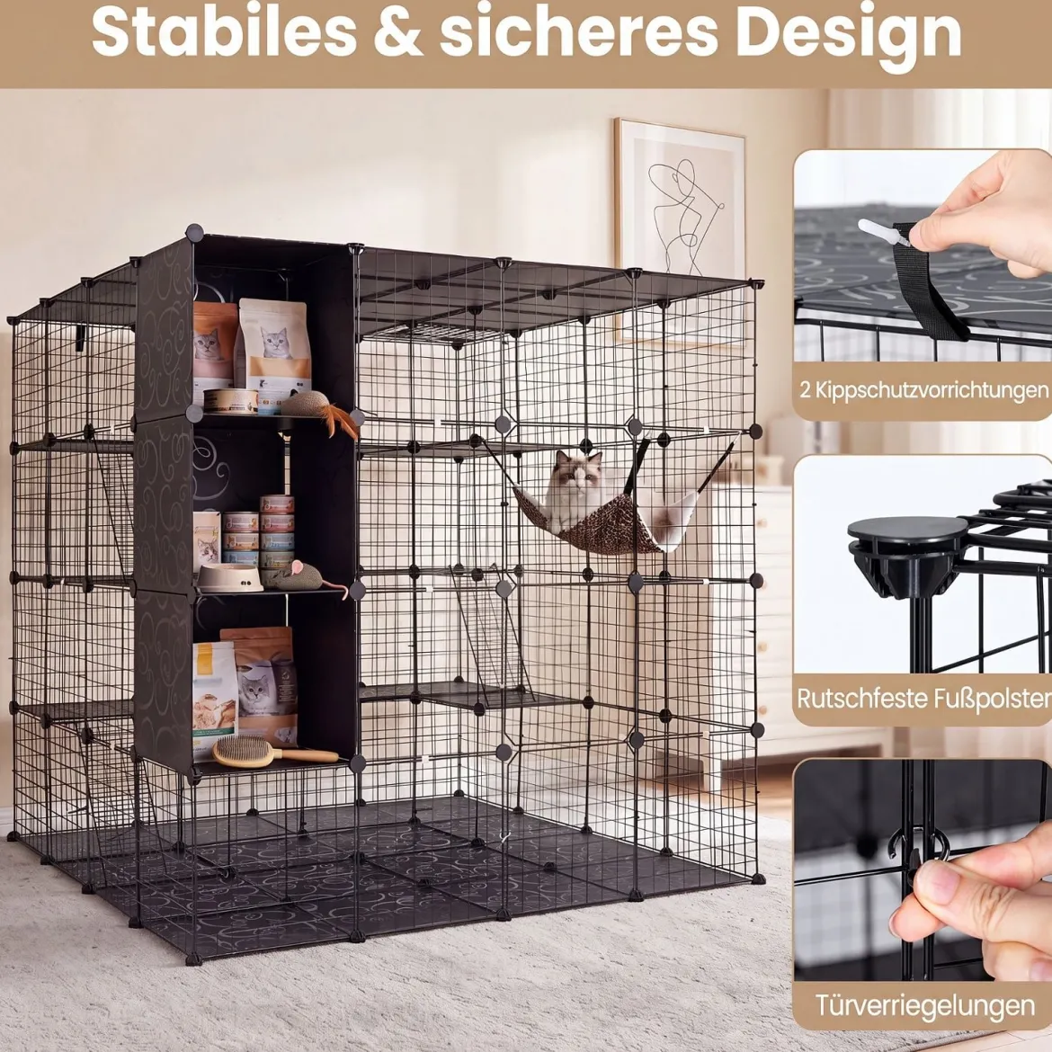 Modularer Katzenkäfig Faltbares Katzengehege mit Laufstall 144 x 144 x 142 cm Schwarz