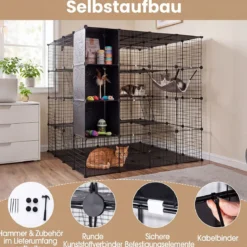Modularer Katzenkäfig Faltbares Katzengehege mit Laufstall 144 x 144 x 142 cm Schwarz