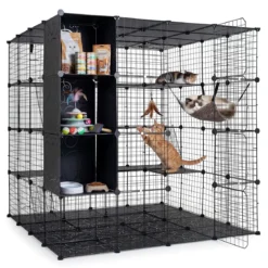 Modularer Katzenkäfig Faltbares Katzengehege mit Laufstall 144 x 144 x 142 cm Schwarz