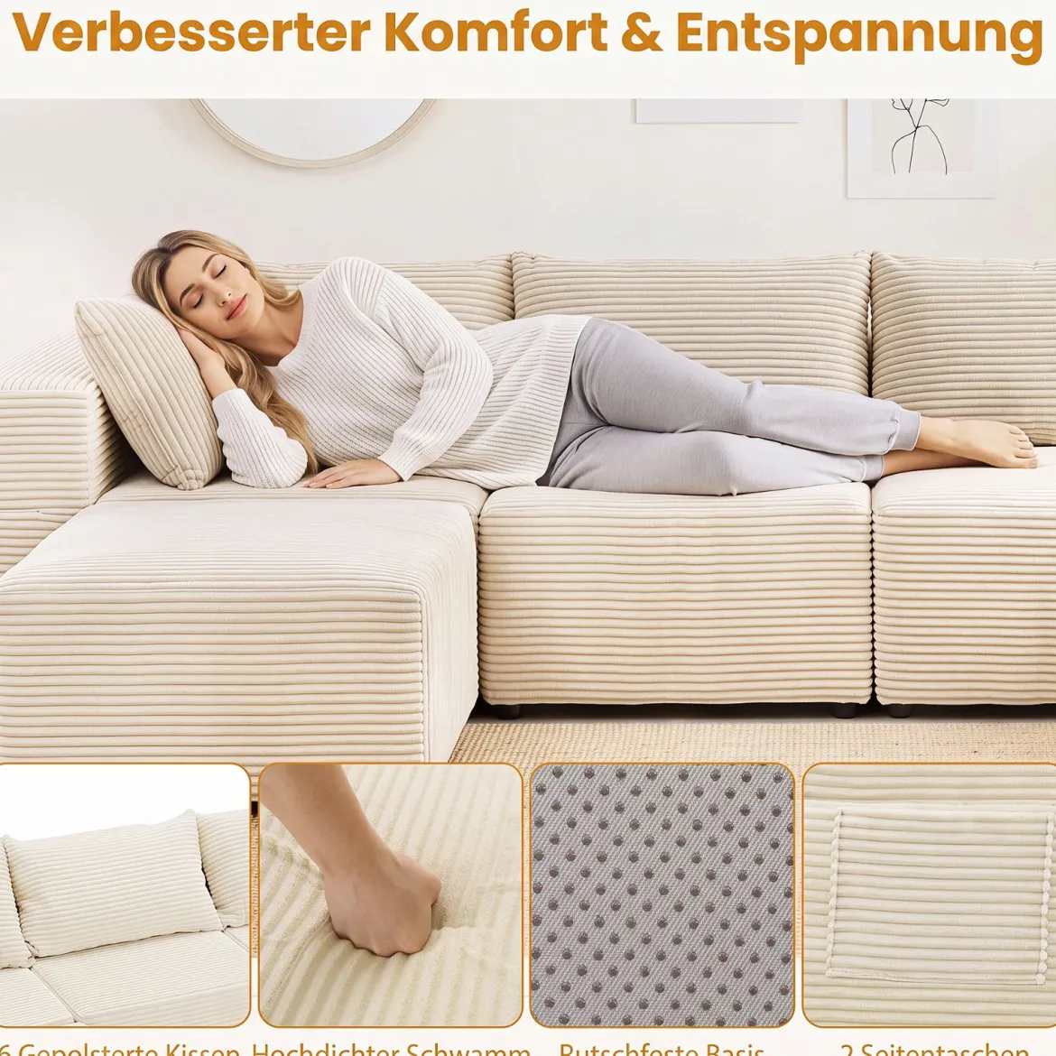 Modulares Cordsofa U-Form/L-Form Modernes Ecksofa mit Abnehmbarem Bezug 333 × 150 × 58 cm