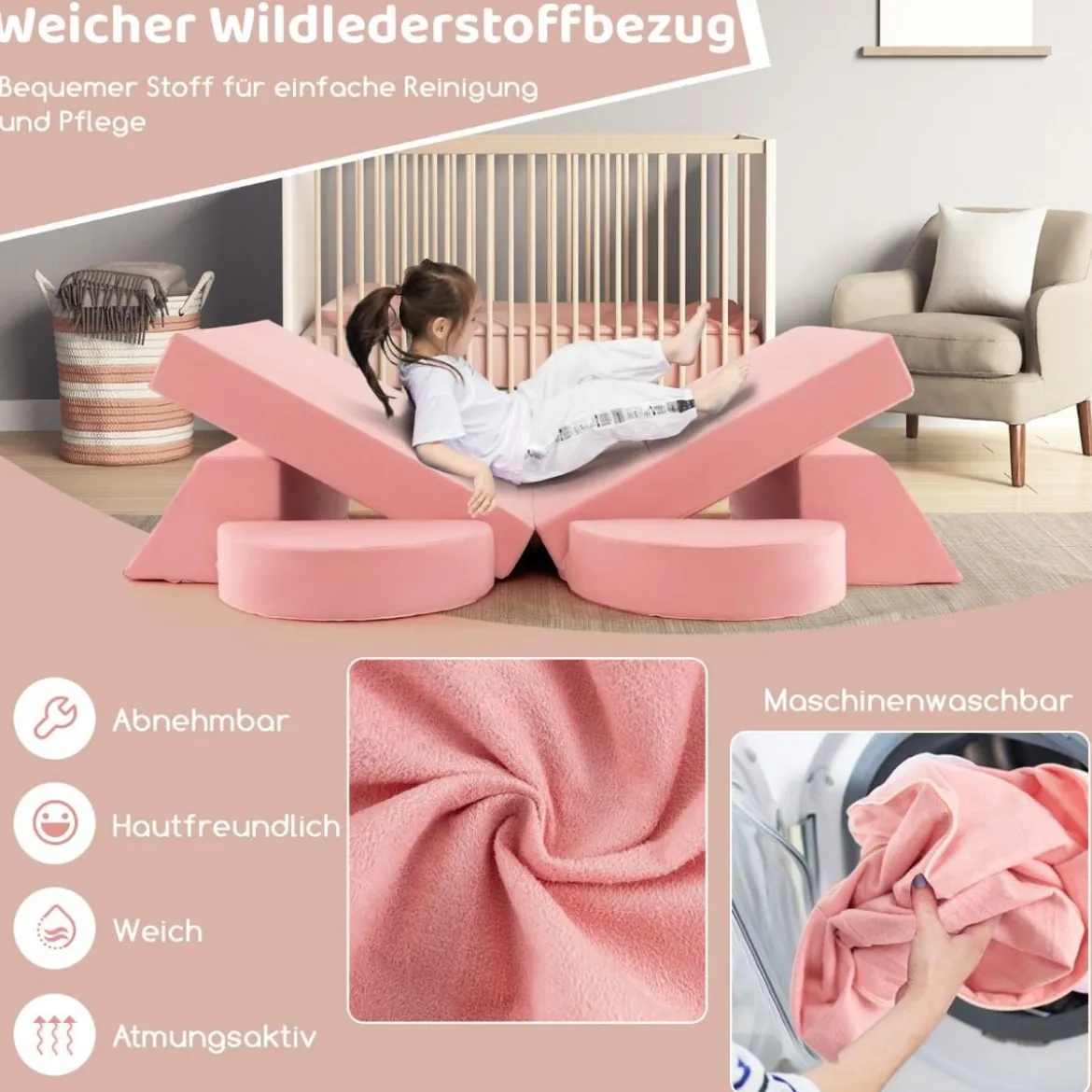 Modulares Kindersofa Spielsofa Modulsofa mit abnehmbarem Bezug 105,5 x 101 x 48 cm Rosa