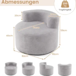 Mondförmiger Einzelsofa mit Weichem Teddyfleece Füllung & Gewölbter Rückenlehne Sitzsackstuhl Grau