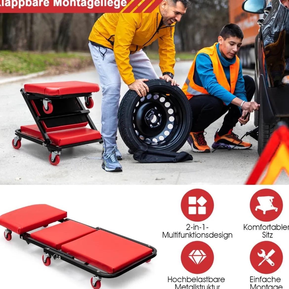Montageliege 2-in-1 Klappbare Werkstattliege 93 x 42 x 14,5 cm Schwarz + Rot