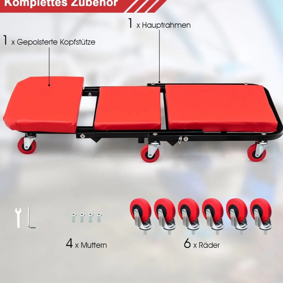 Montageliege 2-in-1 Klappbare Werkstattliege 93 x 42 x 14,5 cm Schwarz + Rot