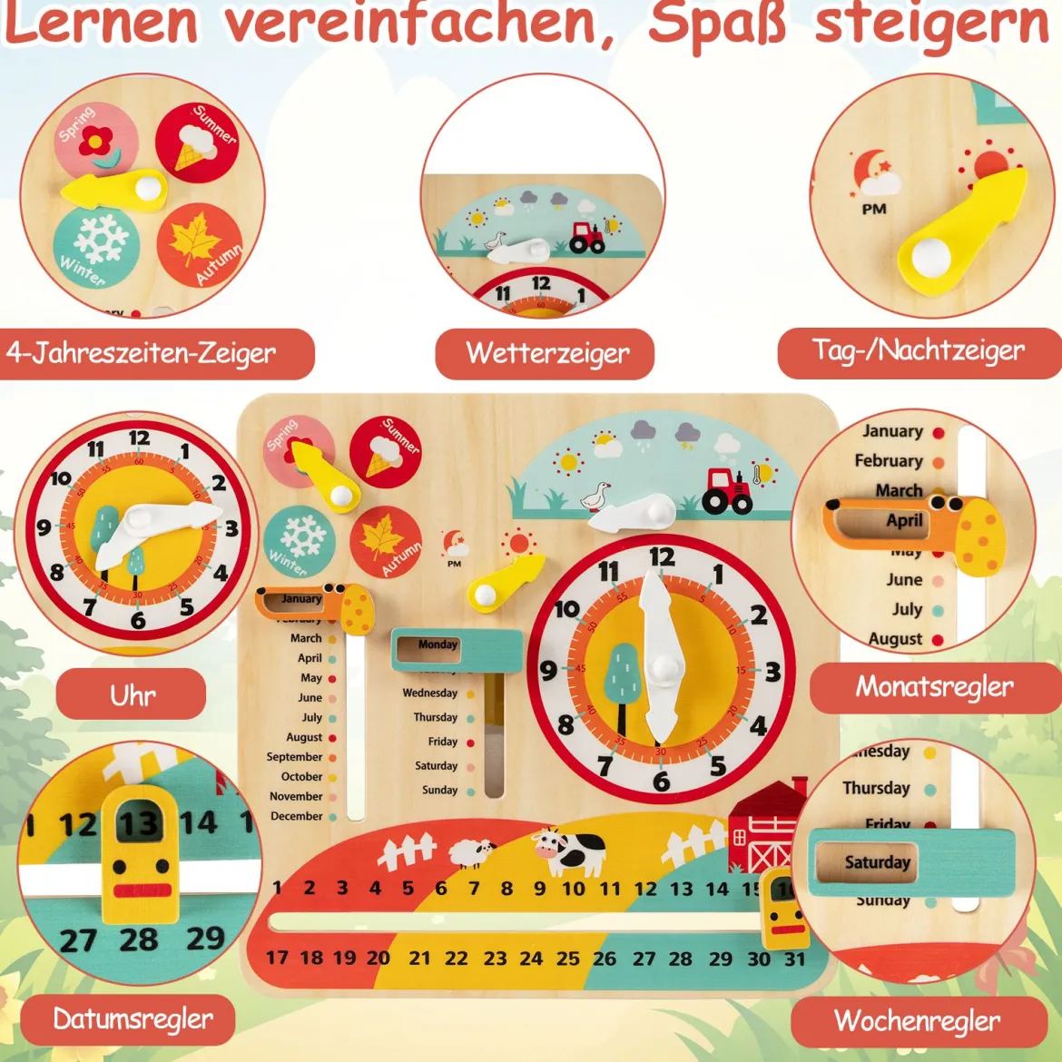 Montessori Holzspielzeug für Kleinkinder Pädagogische Lernuhr Täglicher Kinderkalender