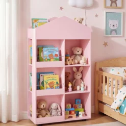 Montessori Kinderregal 116cm Bücherregal Kinder Holz & Spielzeugaufbewahrung Rosa