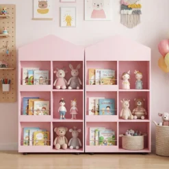 Montessori Kinderregal 116cm Bücherregal Kinder Holz & Spielzeugaufbewahrung Rosa