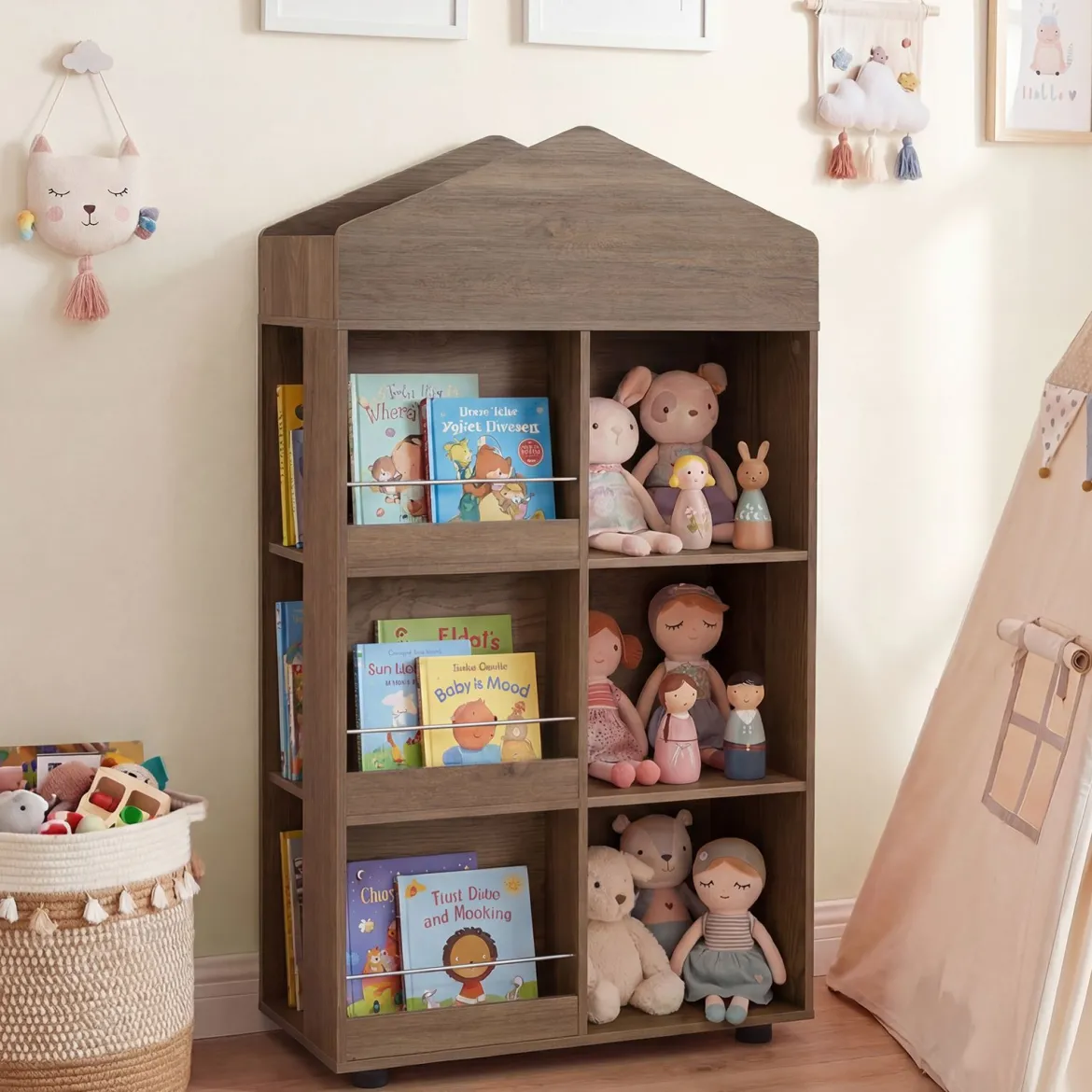 Montessori Kinderregal 116cm Bücherregal Kinder Holz & Spielzeugaufbewahrung Natur