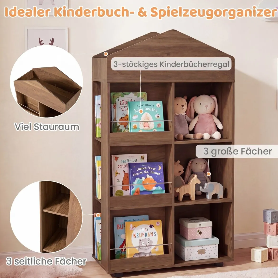 Montessori Kinderregal 116cm Bücherregal Kinder Holz & Spielzeugaufbewahrung Natur