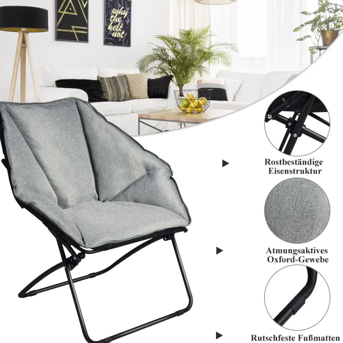 Moon Chair Gepolsterte Klappstuhl Campingstuhl Mondstuhl faltbar Klappsessel 85 x 78 x 87 cm Grau